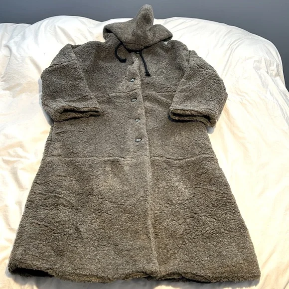 THAKOON Hooded Long Line Teddy Duster Shearling Coat Oversized Relaxed Fit XL - Picture 2 of 14